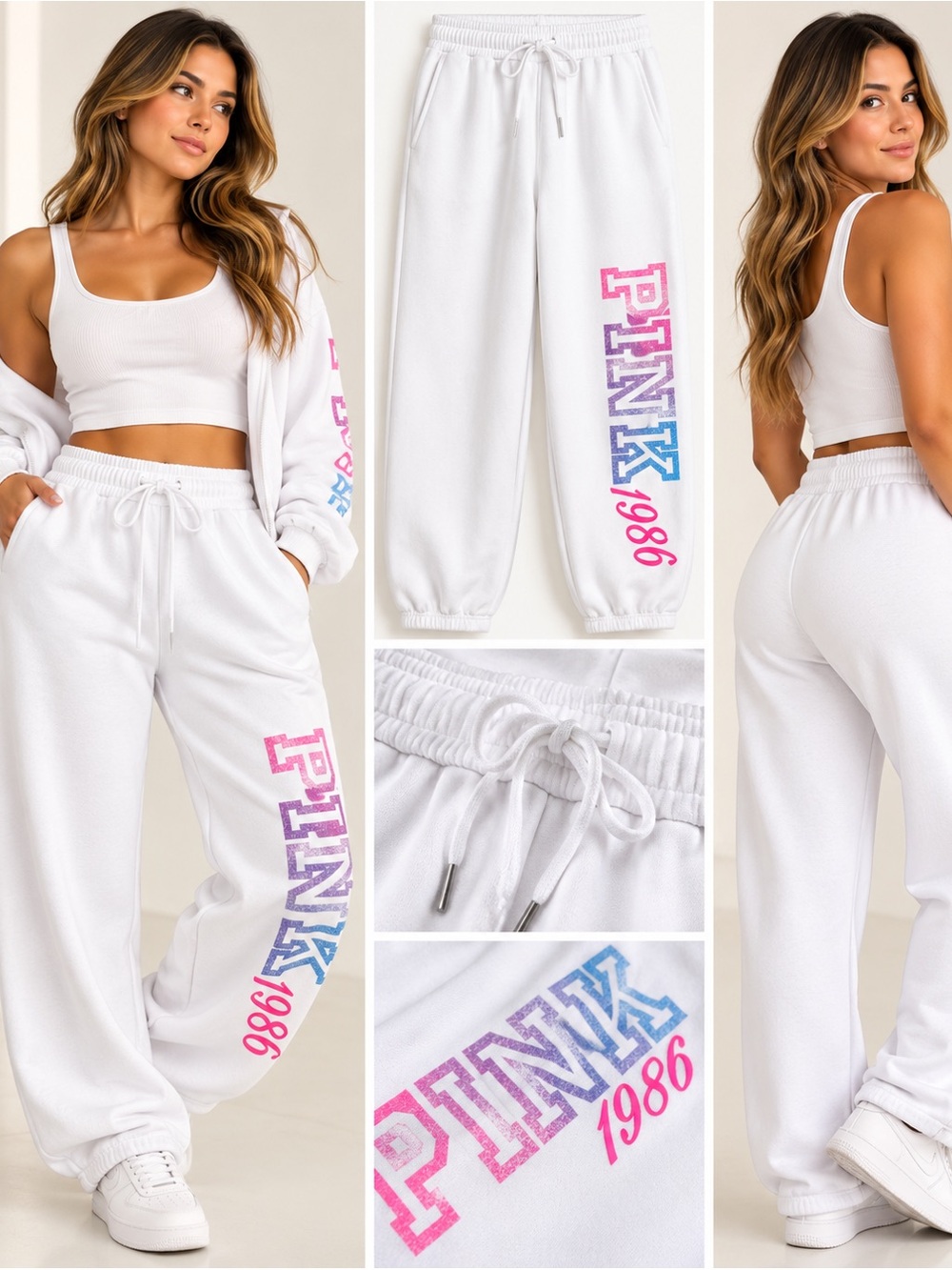 PINK Victoria's Secret White Sweatpants 1986 Logo Sz M NWT